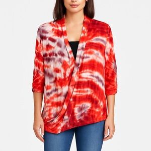 Young Fabulous & Broke Tie Dye Surplice Neck Draped Boho Blouse Red Orange Small